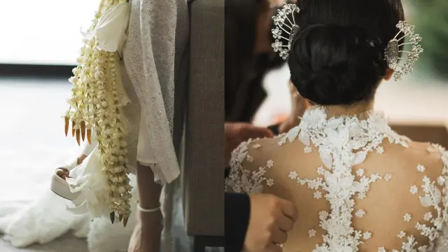 Detail kebaya, sepatu dan head piece yang dikenakan Valencia Tanoesoedibjo