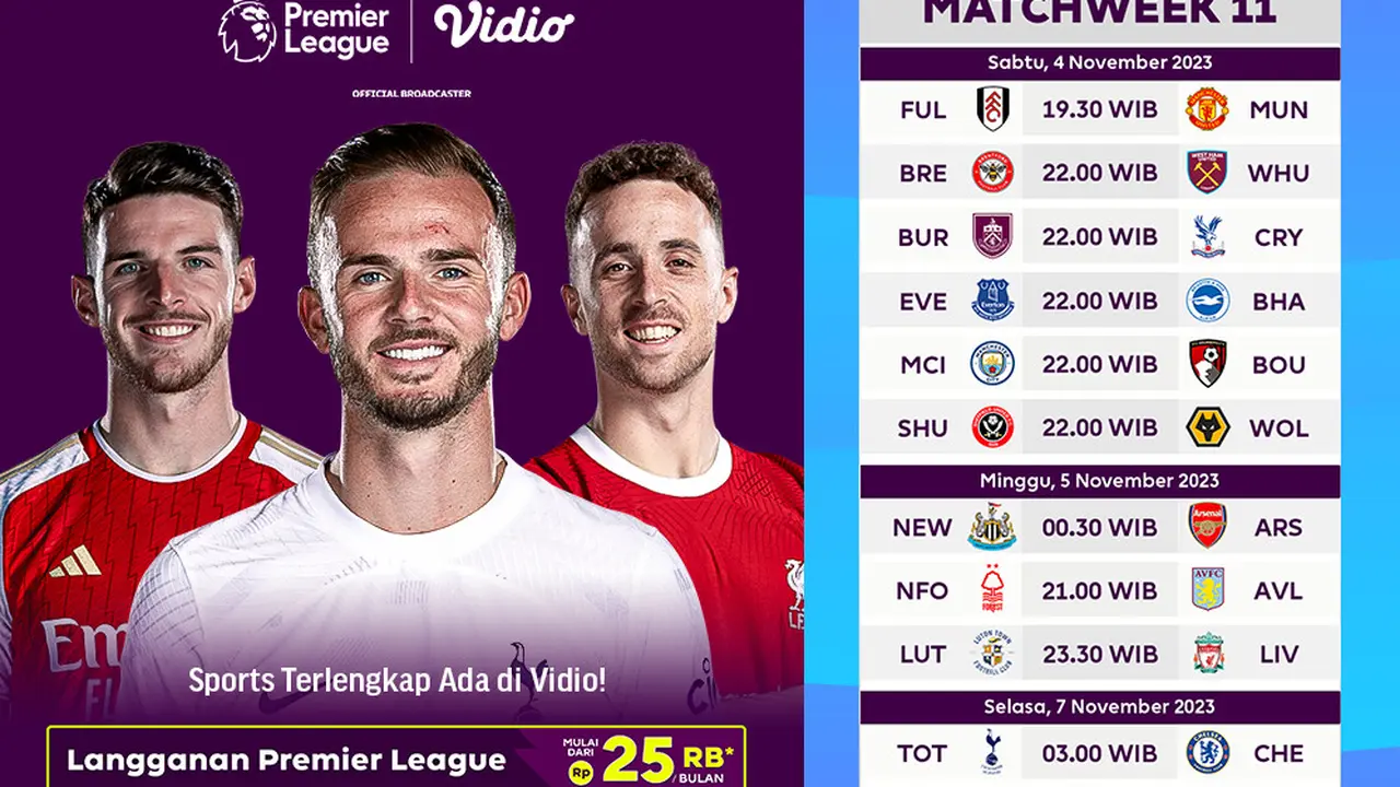 Jadwal dan Live Streaming Liga Inggris 2023/2024 Gameweek 11 di Vidio