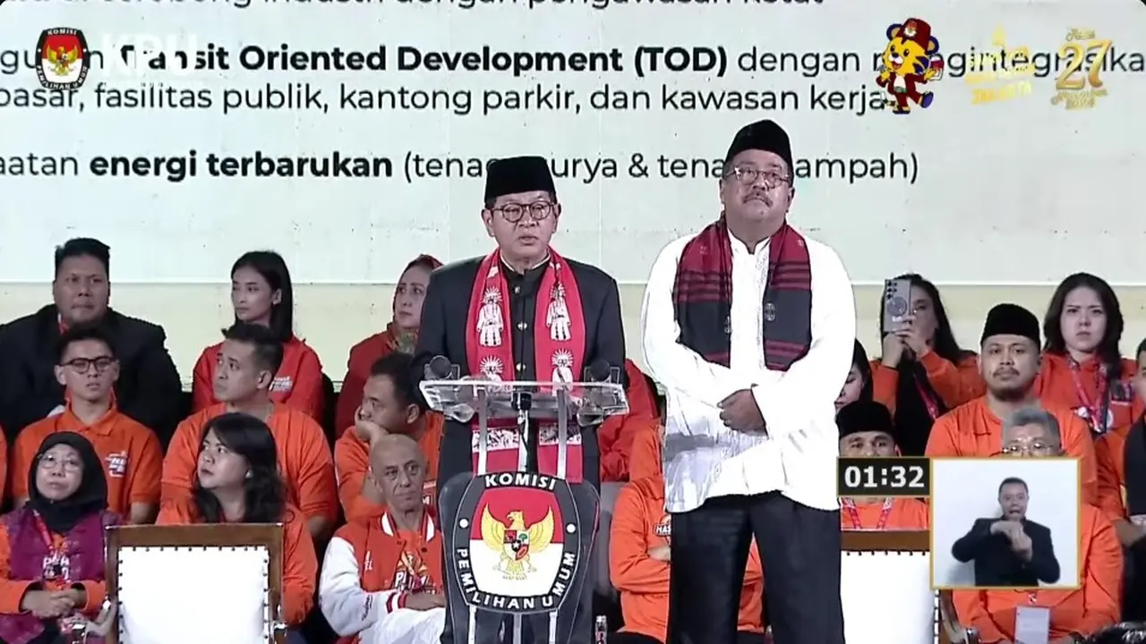 Pasangan calon gubernur dan calon wakil gubernur nomor urut 3 Pramono Anung-Rano Karno saat membacakan visi misi di debat terakhir atau debat ketiga Pilkada Jakarta 2024.