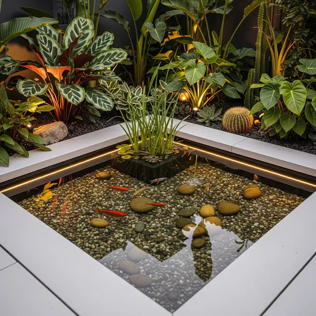 Kombinasi Taman Kering dan Kolam Ikan Dangkal Minimalis (AI)