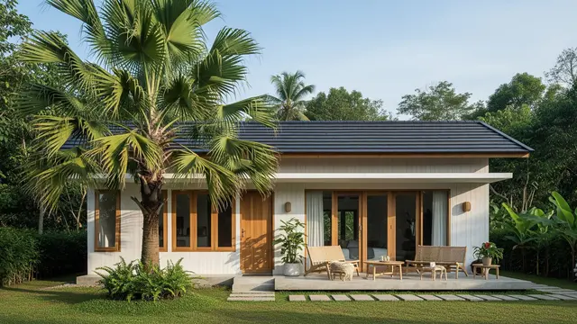 Rumah dengan Teras Mini dan 1 Pohon Rindang Model Skandinavia Teras Fungsional