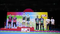 Selain Mohammad Ahsan/Hendra Setiawan yang menempati posisi runner-up, Indonesia juga diwakili oleh pasangan Fajar Alfian/Muhammad Rian Ardianto yang berhak menempati posisi ketiga bersama wakil India, Satwiksairaj Rankireddy/Chirag Shetty. (AP/Shuji Kajiyama)