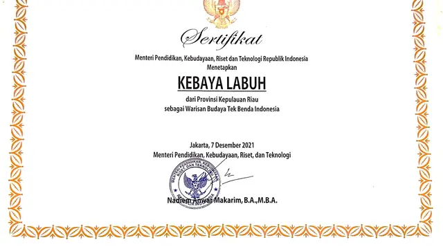 sertifikat warisan budaya tak benda Indonesia untuk Kebaya Labuh