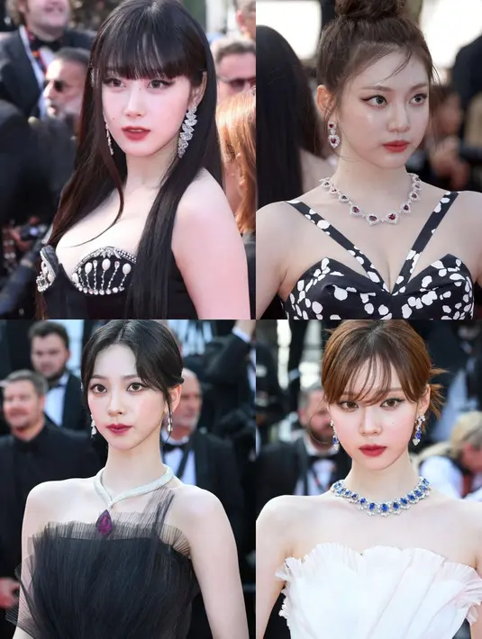 Keempat member yang terdiri dari Karina, Giselle, Ningning, dan Winter tiba di karpet merah dalam ansambel bernuansa hitam dan putih.  [Foto: Twitter/AESPAIntl].