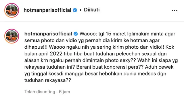 Unggahan Hotman Paris. (Foto: Instagram @hotmanparisofficial)
