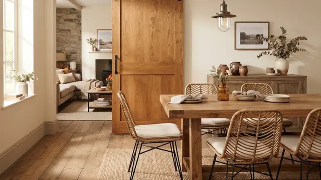 Ruang Makan dengan Pintu Geser Kayu Bergaya Rustic