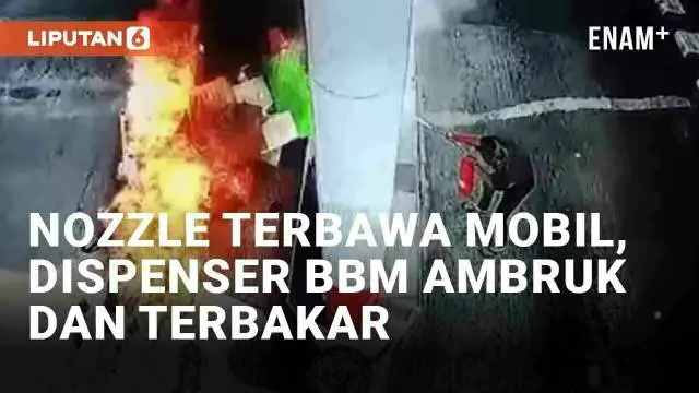 Insiden berikut ini perlu menjadi perhatian bagi pengendara. Sebuah dispenser BBM terbakar di SPBU di Jl. Raya Tirtomerto, kota Cilegon, Banten (10/6/2024). Insiden bermula dari selang nozzle yang masih terpasang dan terbawa mobil yang selesai mengis...