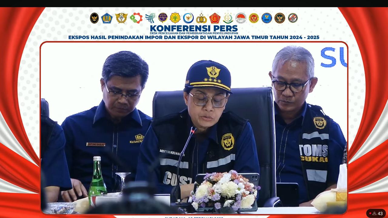 Menkeu Sri Mulyani dalam Konferensi Pers Hasil Penindakan Impor & Ekspor di Wilayah Jawa Timur 2024-2025, Rabu (5/2/2025). (Foto: tangkapan layar/ Tira Santia)