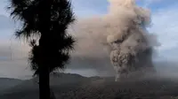 Gunung Bromo memuntahkan abu vulkanik ke udara di Probolinggo, Jawa Timur, Rabu (13/7). Bandara Abdul Rahman Saleh, Malang, sempat ditutup akibat erupsi Gunung Bromo yang membawa abu vulkanik ke arah barat-barat daya. (BAY Ismoyo/AFP)