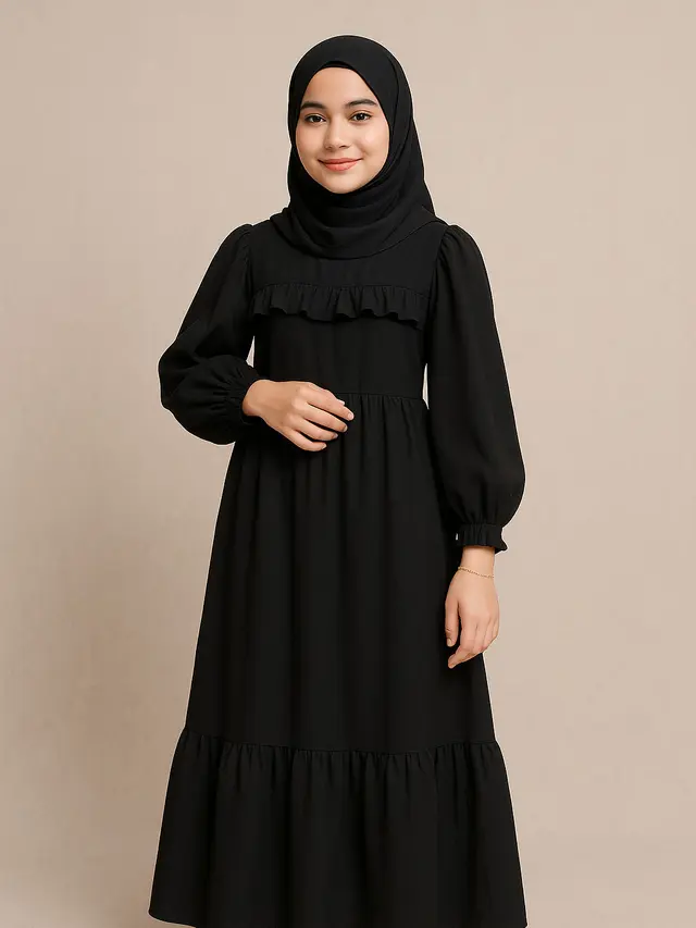 Gamis Hitam Ruffle Lengan Balon (Foto: ChatGPT)