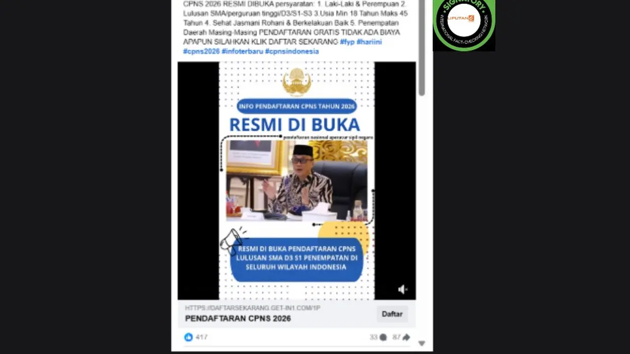 Tangkapan layar hoaks link pendaftaran CPNS 2026 yang beredar di Facebook.