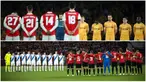 Foto kolase saat pemain Arsenal dan Bodoe/Glimt (atas) serta Rennes dan Dynamo Kyiv (bawah) mengheningkan cipta selama satu menit untuk mengenang korban tragedi Kanjuruhan sebelum pertandingan sepak bola Liga Europa. (AFP/Daniel LEAL/LOIC VENANCE)