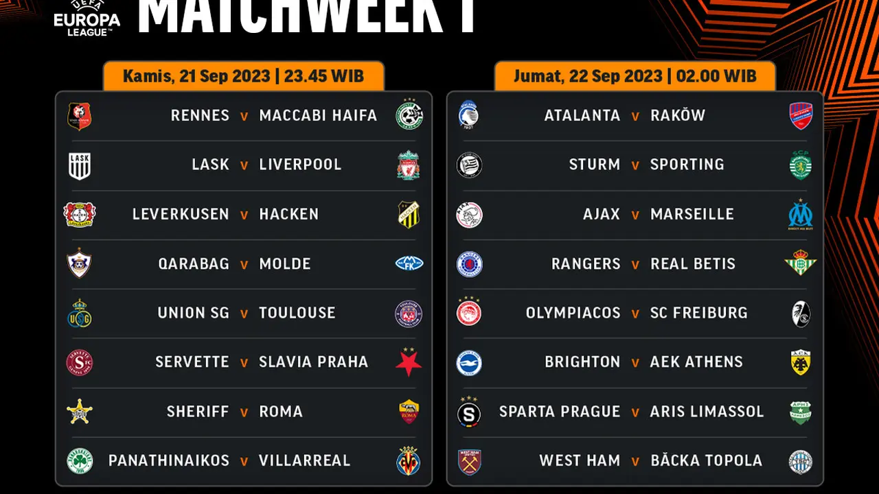 Jadwal dan link live streaming Liga Europa pekan pertama 2023/2024