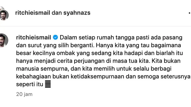 Pernyataan sikap Jeje Govinda dan Syahnaz Sadiqah sambil pamer foto keluarga malah dikecam netizen. (Foto: Dok. Instagram @ritchieismail)