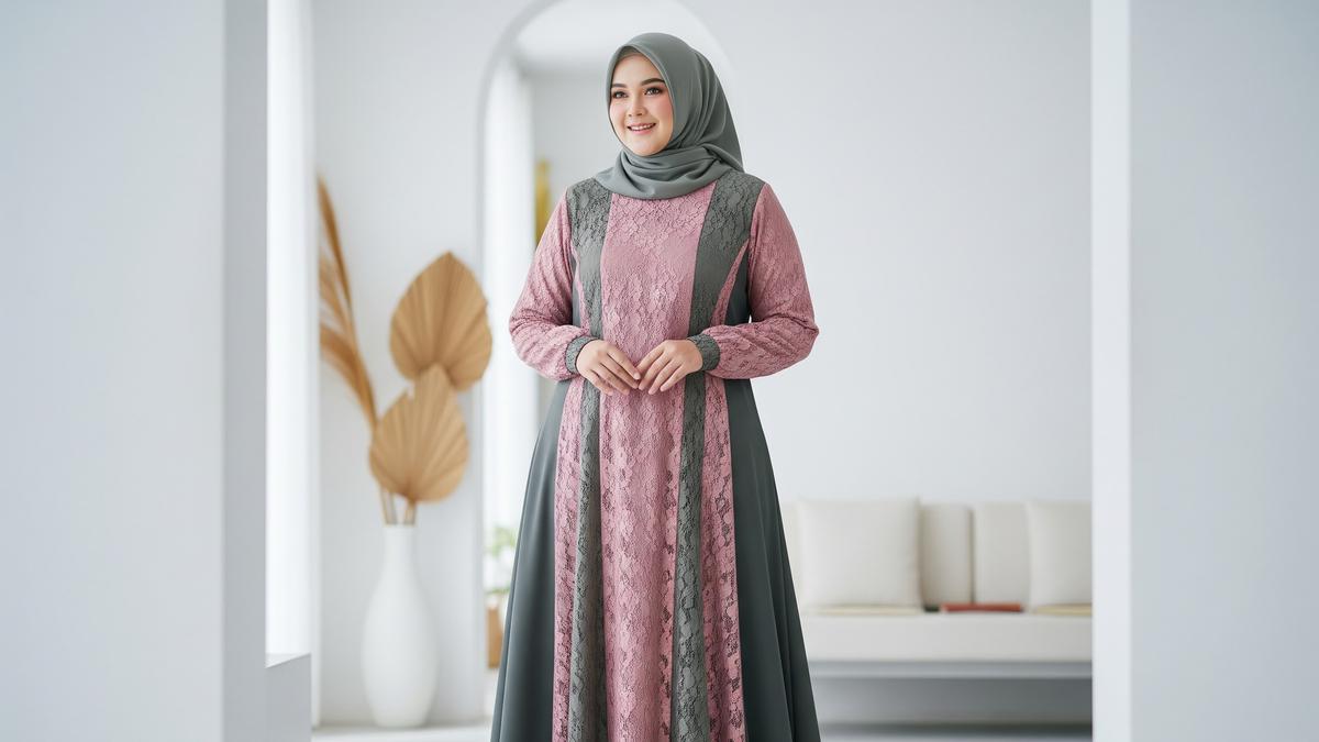 10 Model Gamis Brokat Cutting A-Line untuk Tubuh Berisi di 2025, Terlihat Proporsional