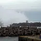 Ombak menghantam pemecah gelombang di sebuah pelabuhan di Kota Kiho, Prefektur Mie, Jepang, Jumat (11/10/2019). Topan Hagibis yang diprediksi akan menerjang Jepang diperkirakan memiliki kecepatan angin maksimal sebesar 162 kilometer per jam. (AP Photo/Toru Hanai)