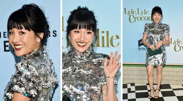 Foto kolase aktris asal AS, Constance Wu berpose saat menghadiri pemutaran perdana "Lyle, Lyle, Crocodile" di AMC Lincoln Square di New York pada hari Minggu, 2 Oktober 2022. (Photo by Evan Agostini/Invision/AP)