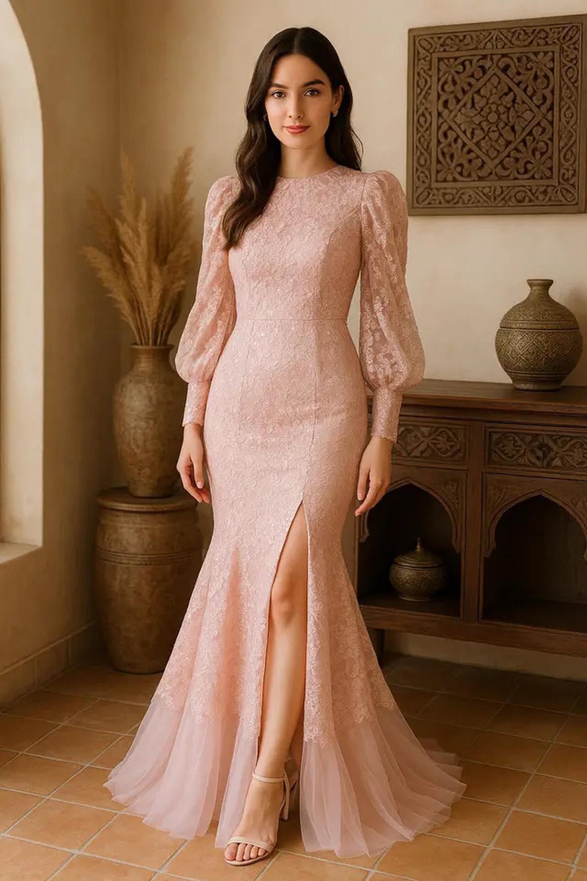 Trend Long Dress Brokat 2025 Warna Pastel dan Model Mermaid Lagi Naik Daun