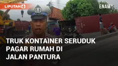 Truk kontainer B 9036 UIW seruduk pagar rumah di jalur pantura Desa Jumbleng. Kecelakaan diduga terjadi karena sopir mengantuk saat mengemudi
