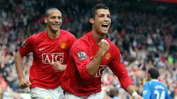 Manchester United. Di periode pertamanya bersama Manchester United selama 6 musim mulai 2003/2004 hingga 2008/2009, Cristiano Ronaldo mampu mencetak 118 gol dan 69 assist dari total 292 laga di semua ajang kompetisi. (AFP/Andrew Yates)