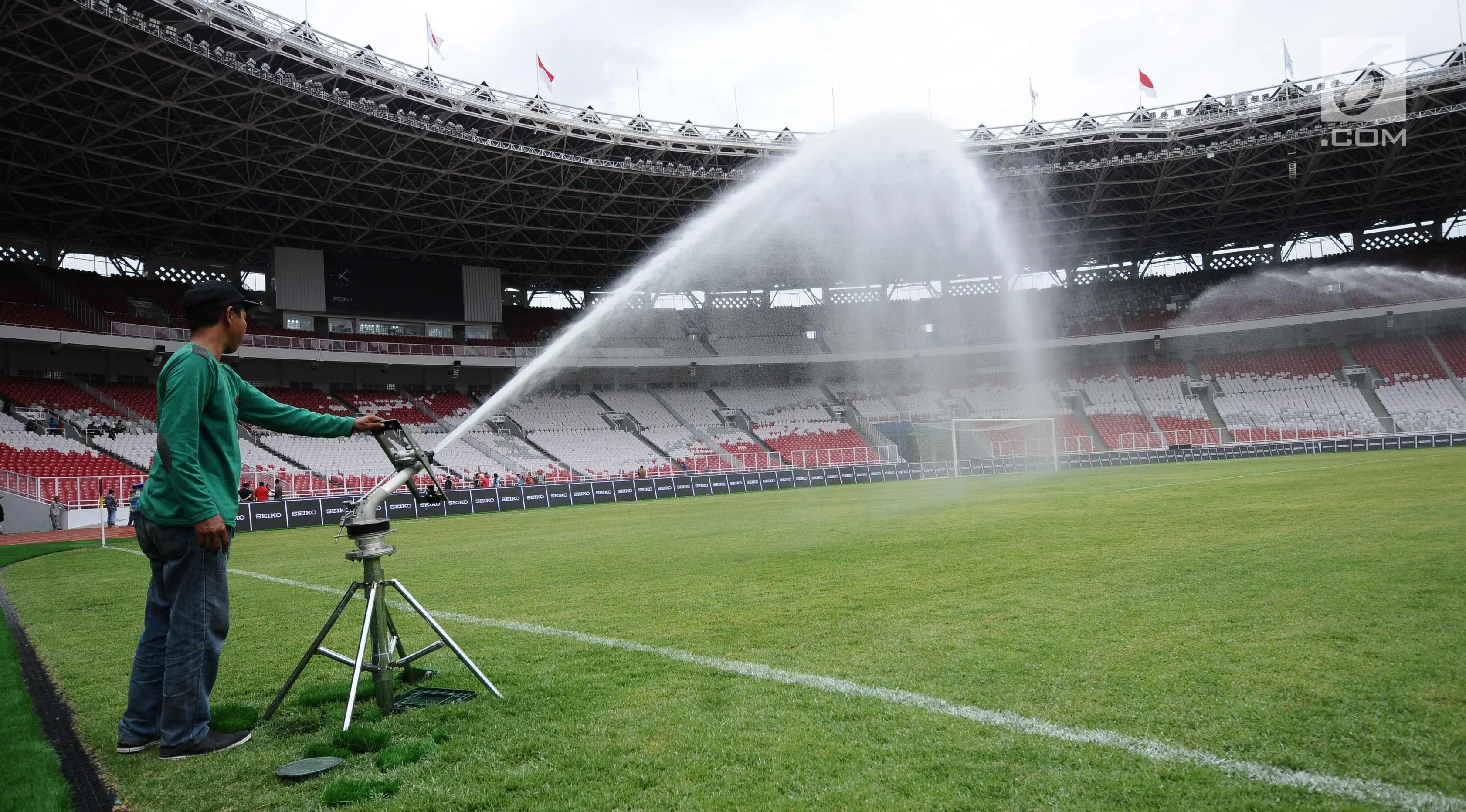 Pekerja menyemprot rumput lapangan Stadion Gelora Bung Karno pasca renovasi, Jakarta, Jumat (12/1). Rencananya, Stadion GBK akan diresmikan penggunaannya pasca renovasi oleh Presiden Joko Widodo, Minggu (14/1). (Liputan6.com/Helmi Fithriansyah)