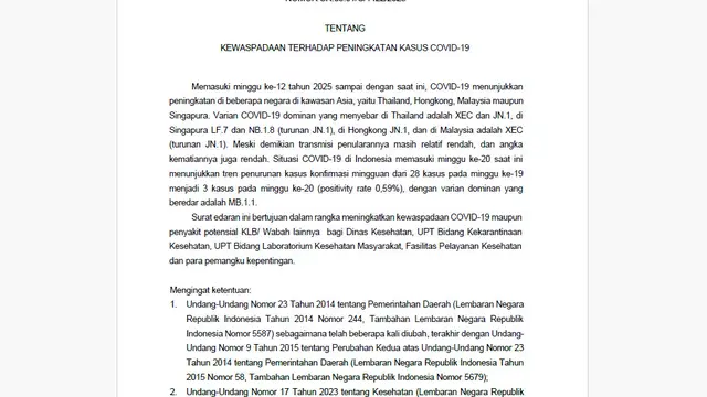 Halaman pertama SE bernomor SR.03.01/C/1422/2025 yang ditandatangani pada 23 Mei 2025 tersebut mengenai peningkatan kewaspadaan akan COVID-19. (Tangkapan Layar Infeksi Emerging Kemenkes RI)