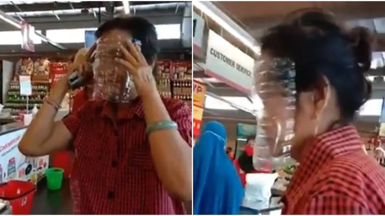 Potret wanita paruh baya kenakan penutup wajah dari botol bekas air minum.