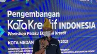 Menparekraf, Sandiaga Uno, di acara Pengembangan Kabupaten Kota Kreatif (KaTa Kreatif), di Medan Club, Kota Medan, Senin (8/11/2021) (Reza Efendi/Liputan6.com)