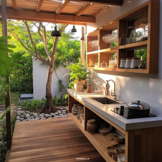 Desain Dapur Minimalis Sederhana di Desa dengan Aksen Batu Bata dan Tanah Liat