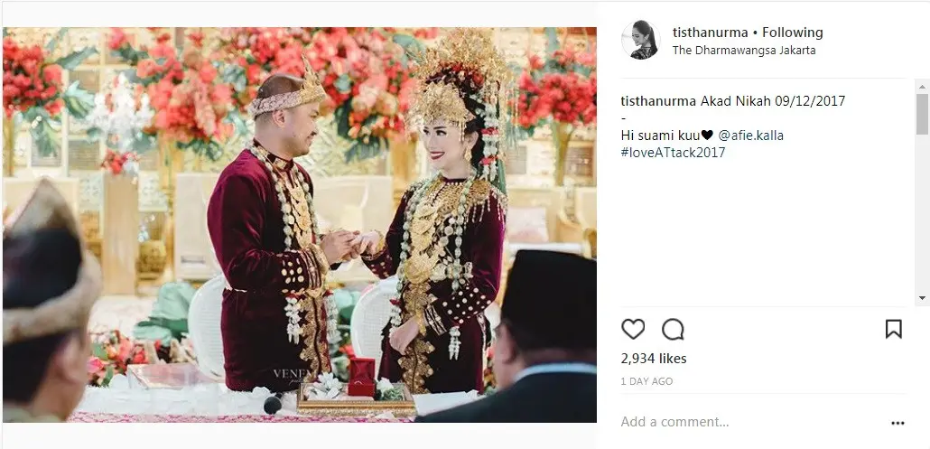 Tistha Nurma resmi dinikahi Afie Kalla, Sabtu (9/12/2017) (Foto: Instagram)