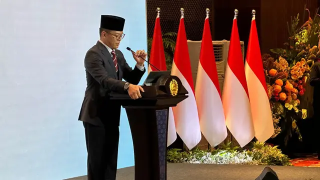 Menteri Luar Negeri RI (Menlu) Sugiono dalam menyampaikan pidato di acara PPTM 2025 di Kemlu RI, Jakarta, Jumat (10/1/2025). (Liputan6.com/Benedikta Miranti)