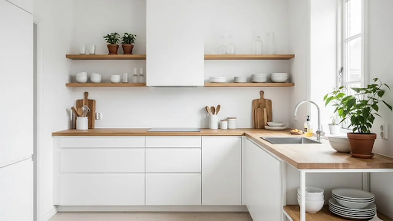 Dapur Skandinavia Minimalis dengan Open Shelving