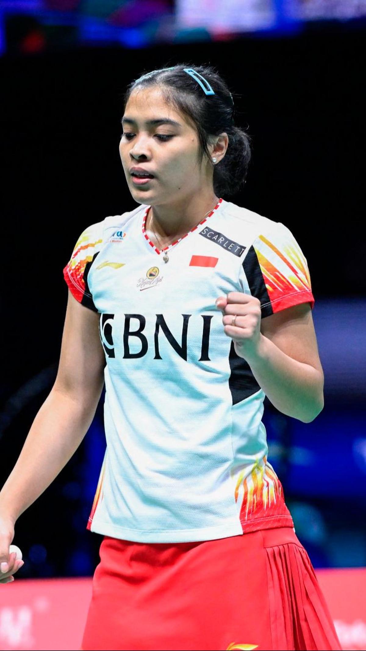 Gregoria Mariska Tunjung tampil di partai pertama melawan tunggal putri China,&nbsp;China, Chen Yu Fei.&nbsp;Foto: AFP/Wang Zhao