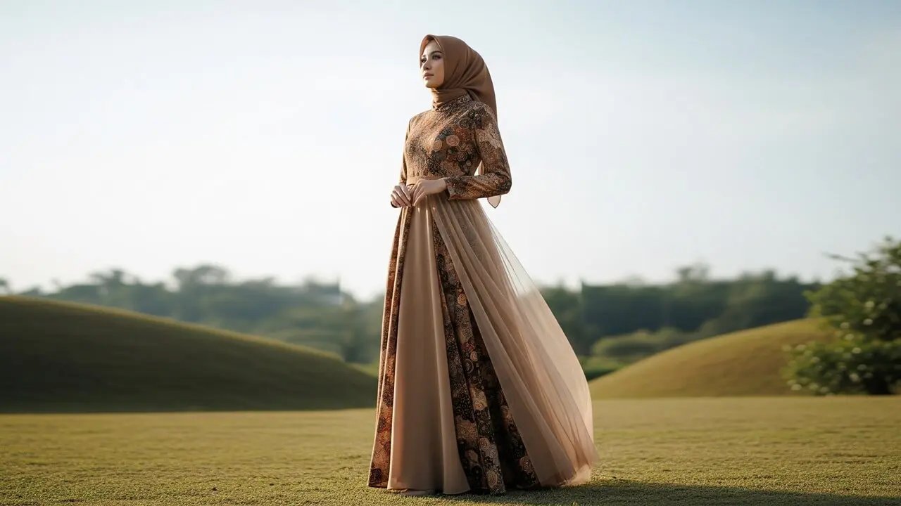 Gamis Batik Kombinasi Tile Polos