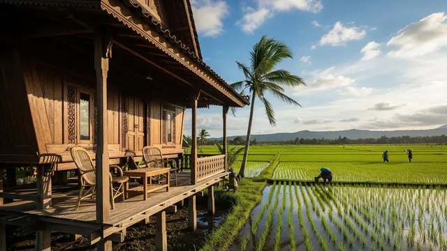 Desain Rumah Pedesaan dengan Teras Lebar Menghadap Sawah (Gambar: Gemini AI)