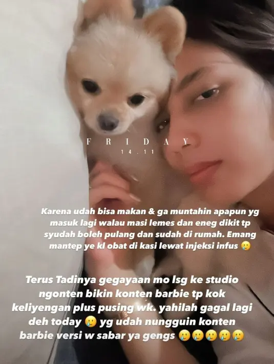 Kendati demikian, ia hendak memaksa bikin konten barbie yang tengah viral. Namun kesehatannya belum pulih secara maksimal. Ia gagal berangkat ke studio. Sabrina masih mengalami rasa pening di kepala dan harus banyak beristirahat. (Liputan6.com/IG/@sabrinachairunnisa)