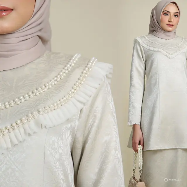 Model Payet Mutiara pada Dress Gamis Brokat Putih