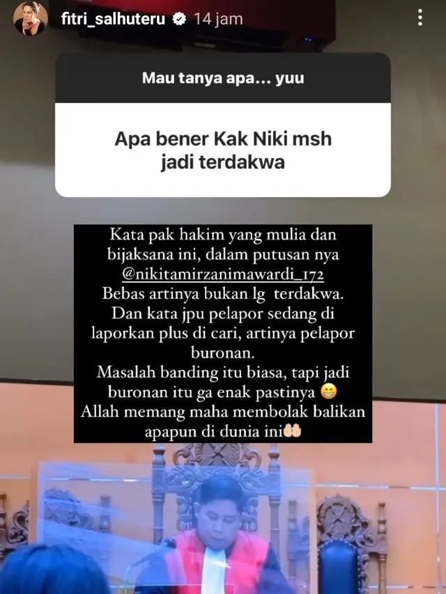 Unggahan Fitri Salhuteru soal status hukum Nikita Mirzani. (Foto: Dok. Instagram @fitri_salhuteru)