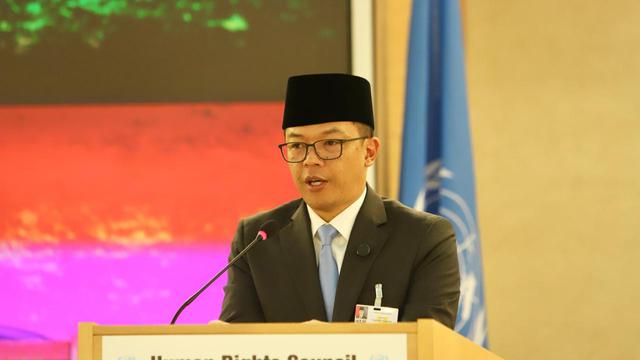 Menteri Luar Negeri RI Sugiono dalam Pertemuan High-Level Segment Dewan Hak Asasi Manusia (Dewan HAM) PBB Sesi ke-58 di Jenewa, Swiss (24/2/2025). (Dok. Kemlu RI)