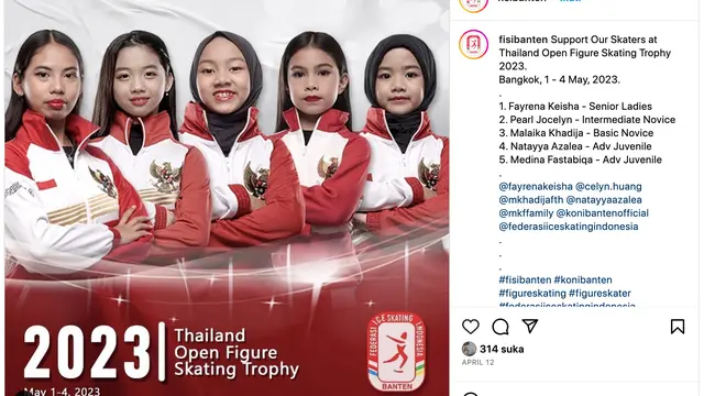 FISI Banten mengumumkan lima anak Indonesia yang berlaga di ajang bergengsi Thailand Open Figure Skating Trophy 2023. (Foto: Dok. Instagram @fisibanten)