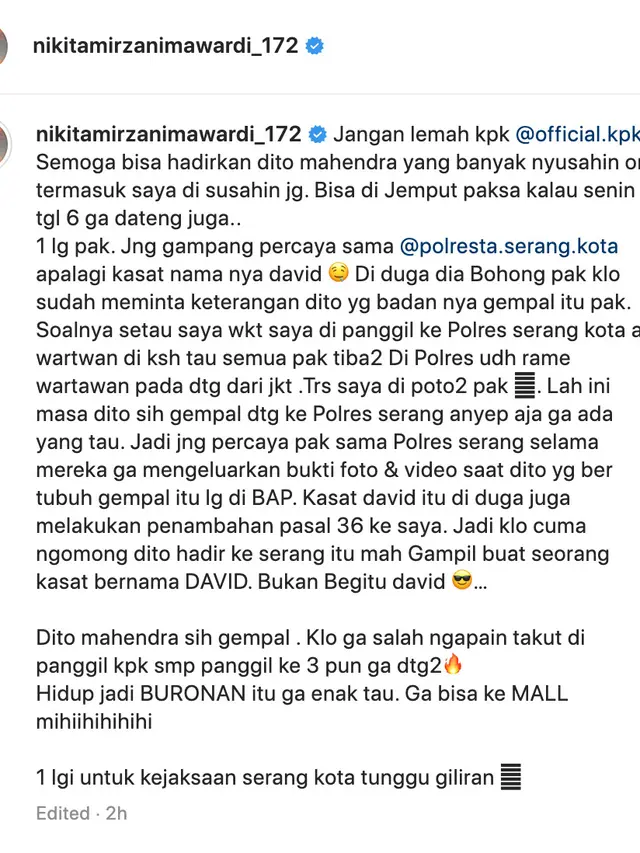 Unggahan Nikita Mirzani soal Dito Mahendra. (Foto: Dok. Instagram @nikitamirzanimawardi_172)