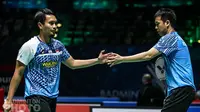 Ganda putra Indonesia Hendra Setiawan / Mohammad Ahsan mengalahkan Ben Lane / Sean Vendy pada babak pertama All England 2021 di Utilita Arena Birmingham, Inggris, Rabu, 17 Maret. (foto: BWF-limited acces)