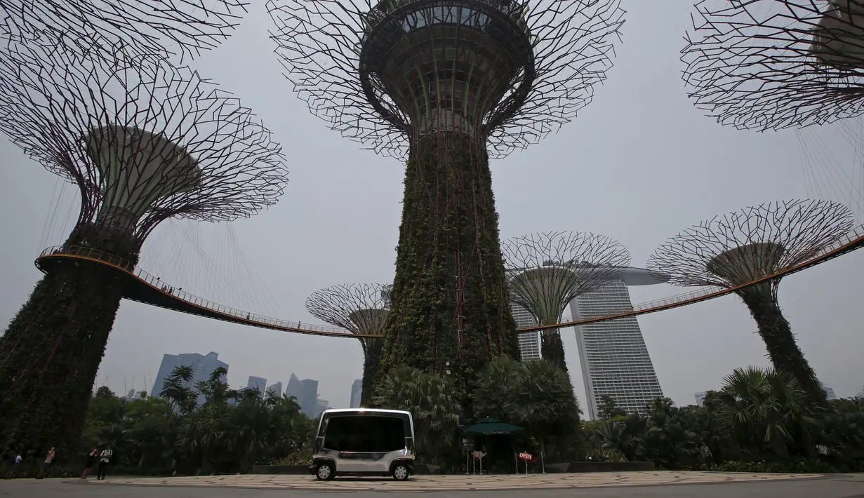 Kendaraan self-driving otonom akan membawa penumpang saat demonstrasi di sebuah taman Singapura, Senin (12/10). Mobil dan bus di jalanan tanpa sopir ini sudah menjadi program panjang Singapura untuk menciptakan kendaraan umum autopilot. (REUTERS/Edgar Su)
