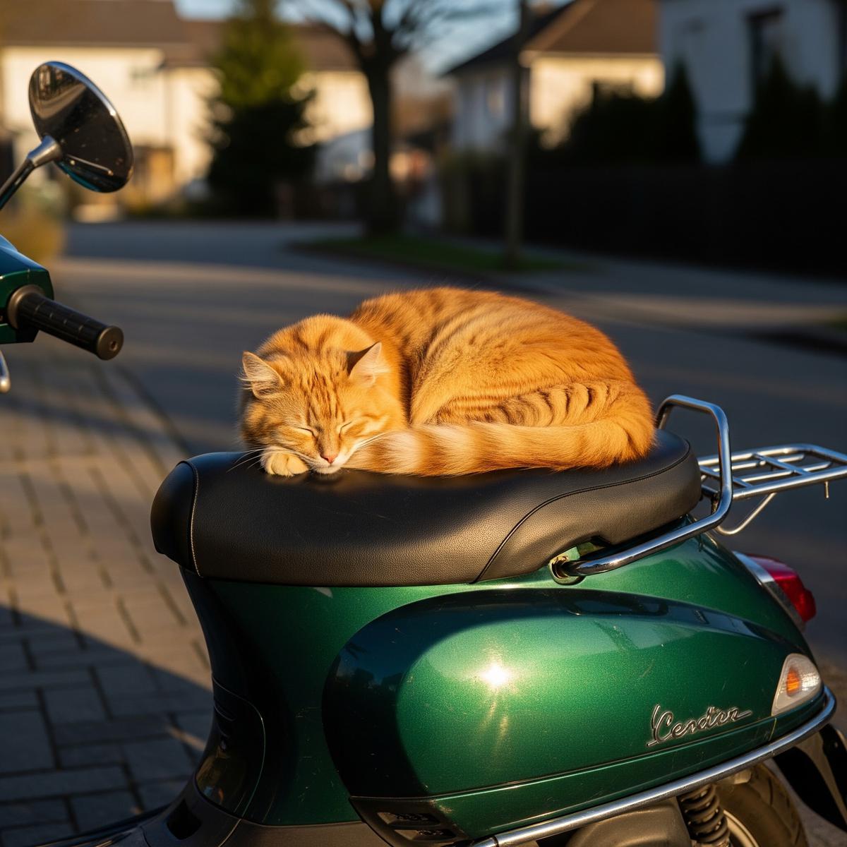 Kucing Tetangga Tidur di Jok Motor (Gemini AI)