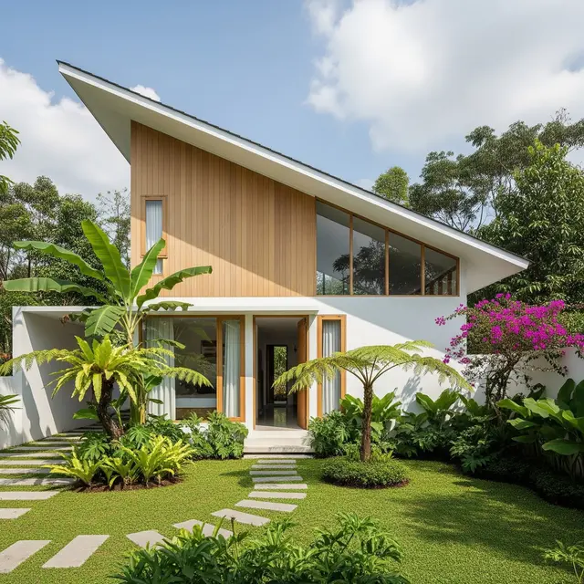 Rumah Pedesaan Minimalis Modern Atap Miring dan Taman DepanE