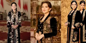Kebaya panjang velvet warna hitam yang dihiasi bordiran emas membuat penampilan Ibu Negara Iriana Jokowi semakin elegan nan mewah. Apalagi ditambah aksesori yang disematkan di dada. [@doleytobing]