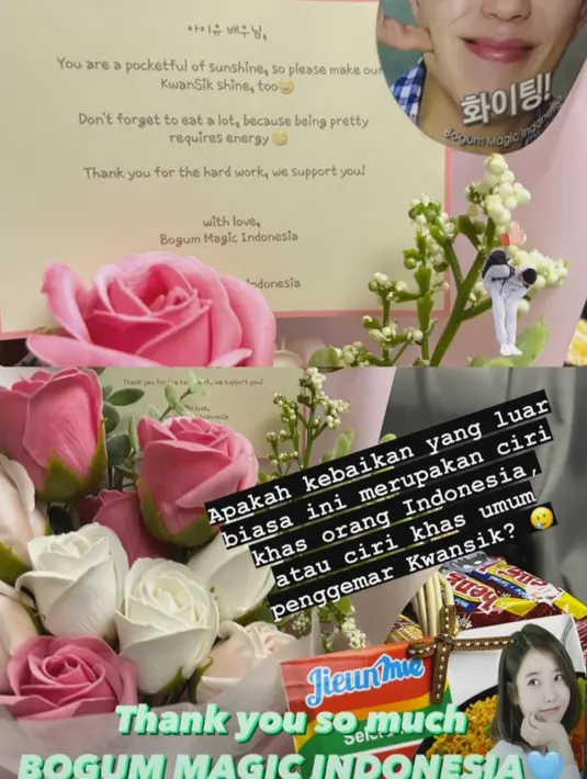 IU lawan main Park Bo Gum juga dapat bingkisan yang sama dan ikut berterima kasih dalam bahasa Indonesia. "Apakah kebaikan yang luar biasa ini merupakan ciri khas orang Indonesia atau ciri khas penggemar Kwansik?" (Foto: Instagram/ bogummy)