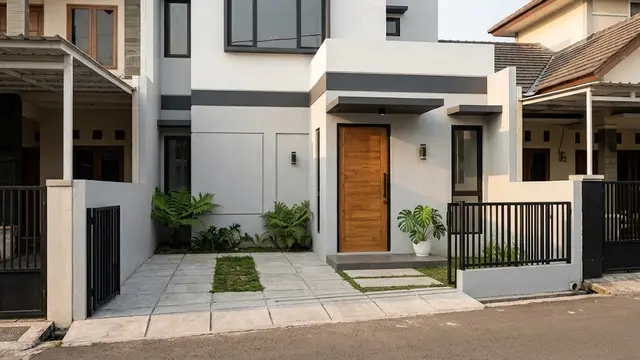 Fasad Monokrom dengan Pintu Utama sebagai Titik Fokus