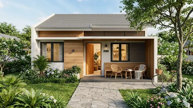 Contoh Rumah Kecil Type 36 dengan Halaman Depan dan Area Santai Keluarga