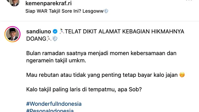 Unggahan Sandiaga Uno. (Foto: Dok. Instagram @sandiuno)